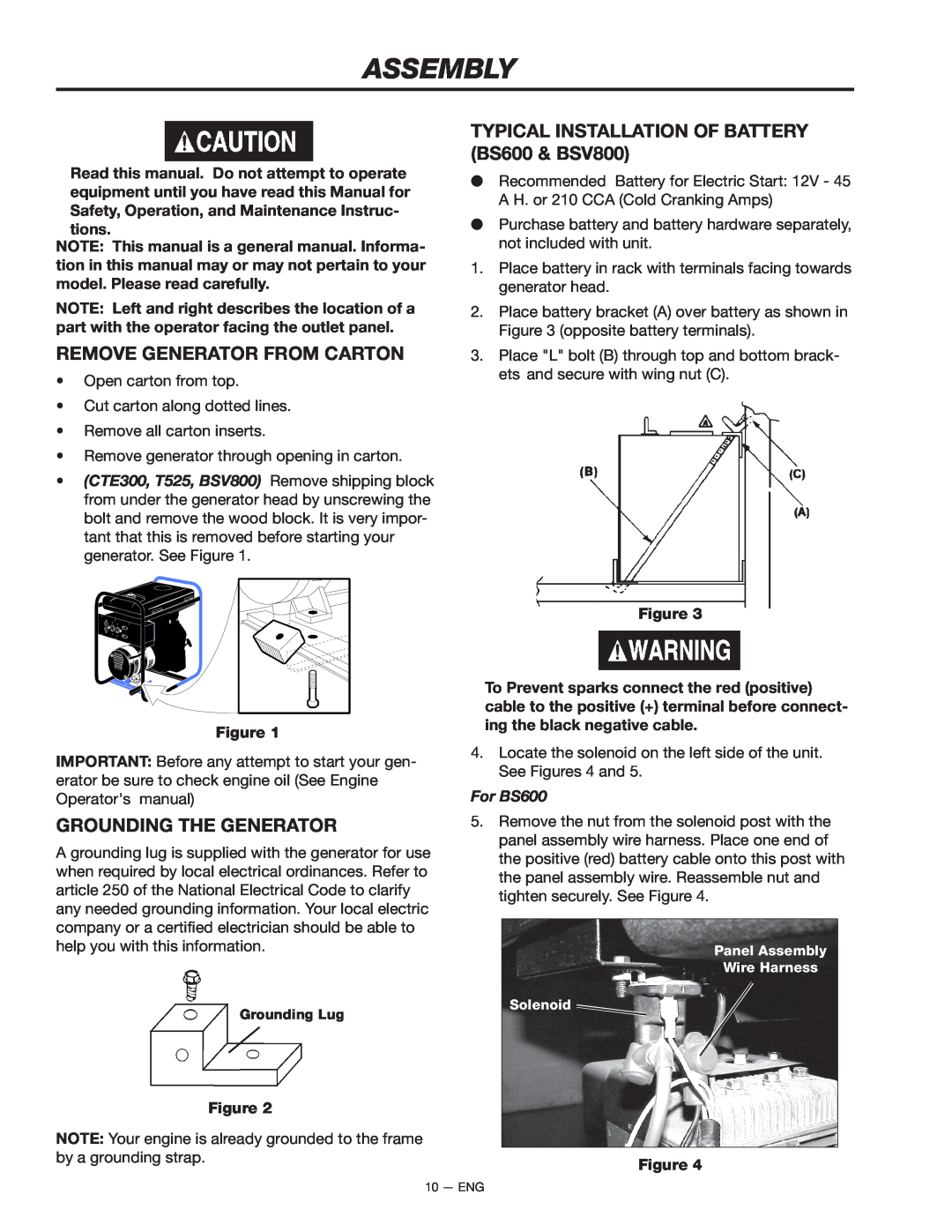 Porter-Cable T525, CTE300, BS600 instruction manual Assembly, Remove Generator From Carton, Grounding The Generator 