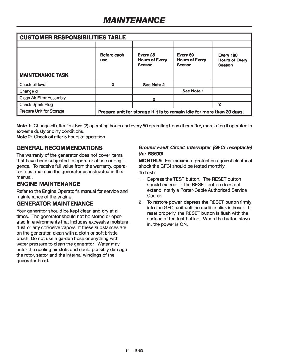 Porter-Cable BS600 Customer Responsibilities Table, General Recommendations, Engine Maintenance, Generator Maintenance 