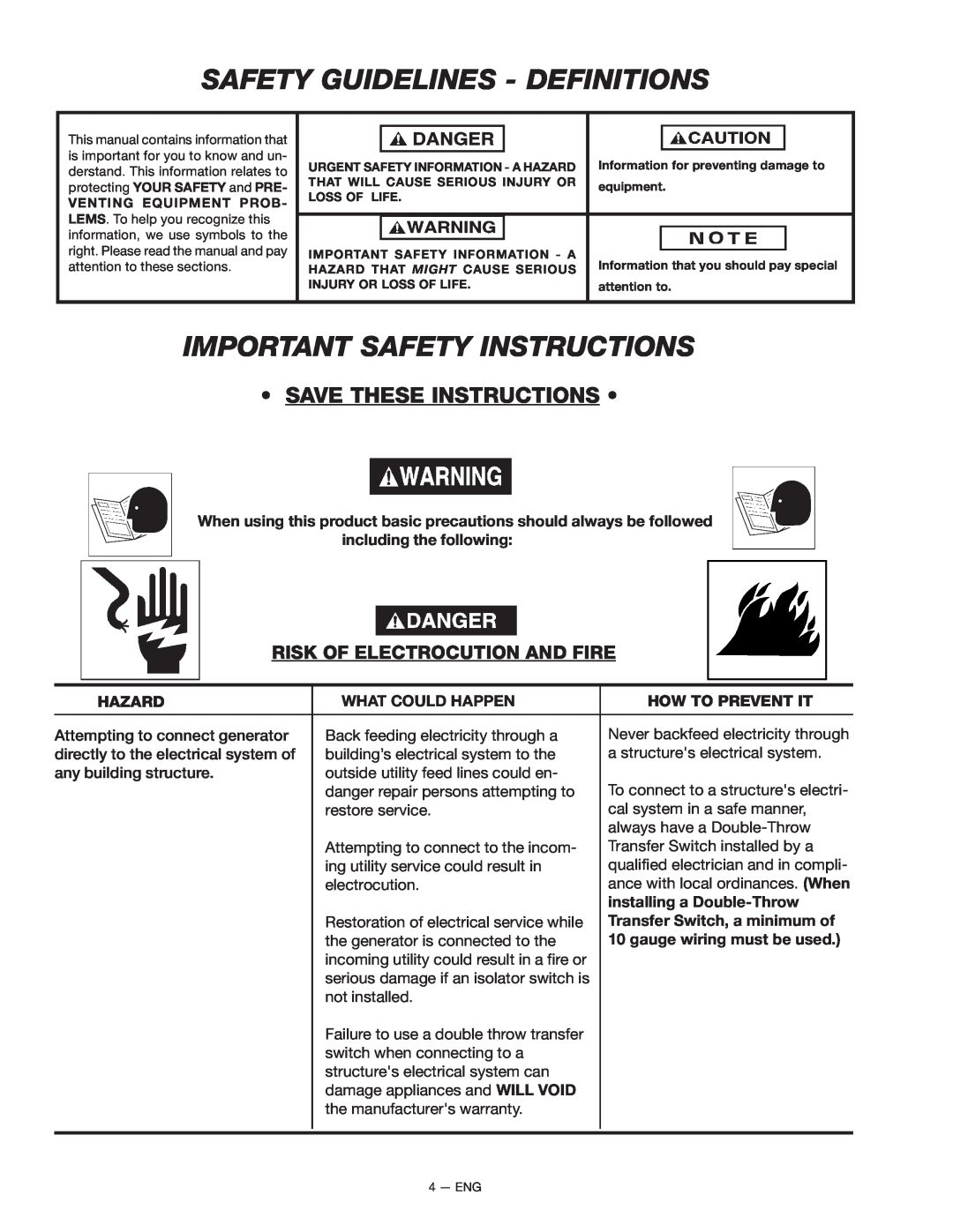 Porter-Cable T525, CTE300, BS600 Safety Guidelines - Definitions, Important Safety Instructions, Save These Instructions 