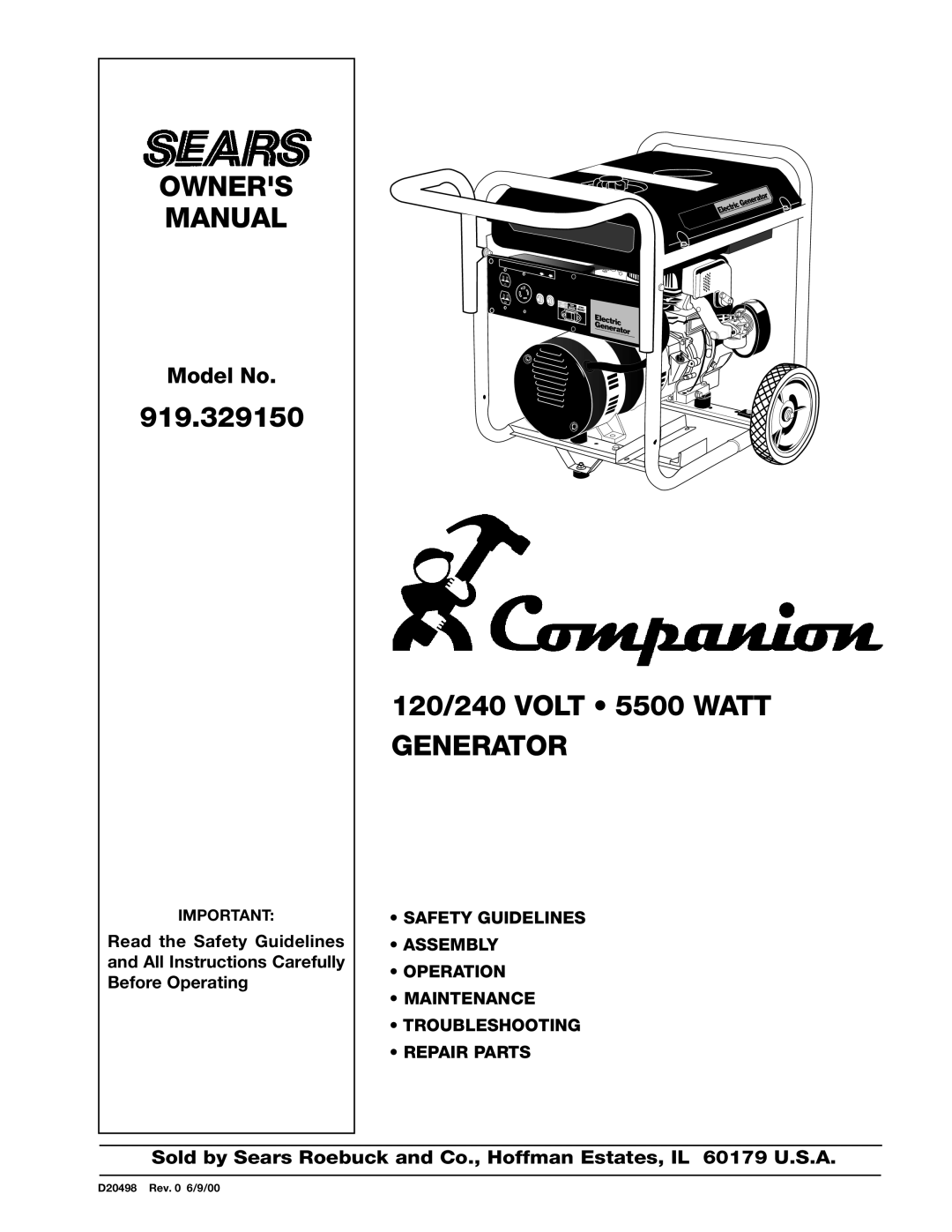 Porter-Cable 919.329150, D20498 owner manual Owners Manual 