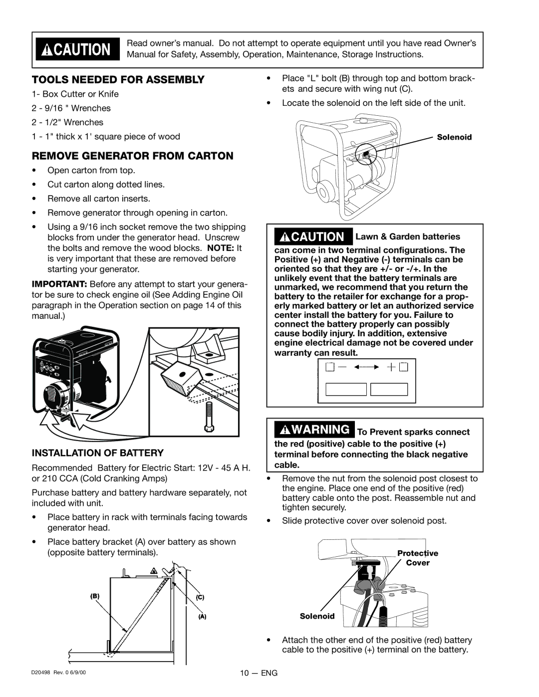 Porter-Cable D20498, 919.329150 Tools Needed for Assembly, Remove Generator from Carton, Installation of Battery, Solenoid 