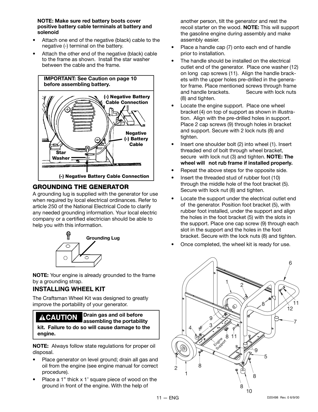 Porter-Cable 919.329150 Grounding the Generator, Installing Wheel KIT, Negative Battery Cable Connection Star Washer 