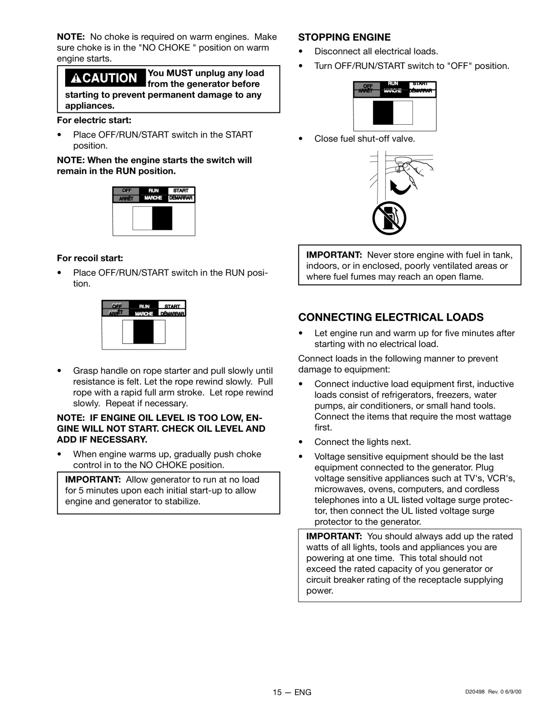 Porter-Cable 919.329150, D20498 owner manual Connecting Electrical Loads, Stopping Engine, For recoil start 