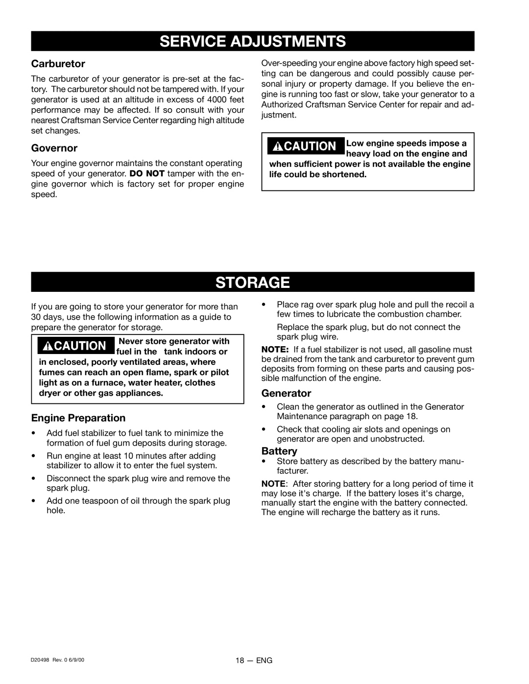 Porter-Cable D20498, 919.329150 owner manual Service Adjustments, Storage 