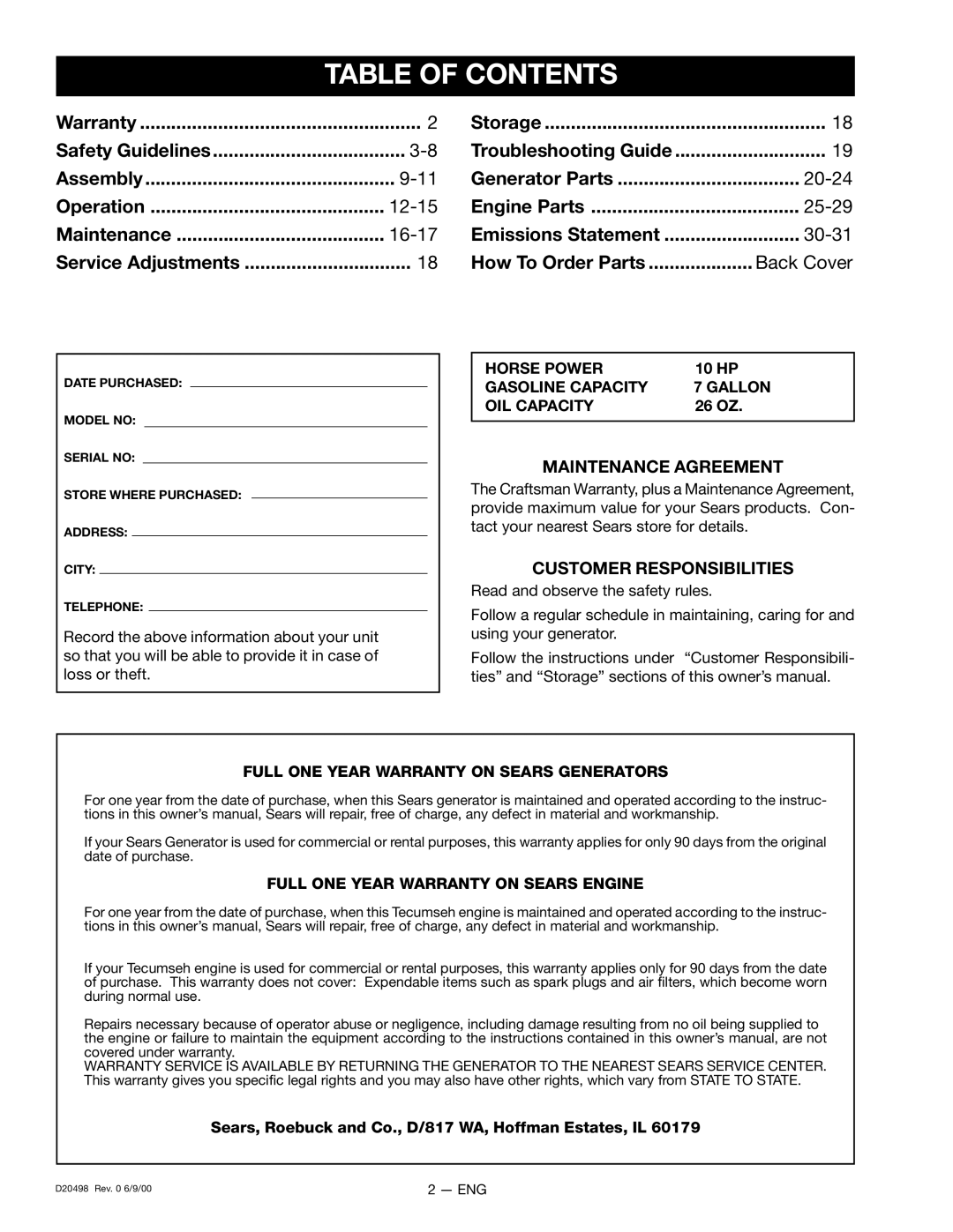 Porter-Cable D20498, 919.329150 owner manual Table of Contents 