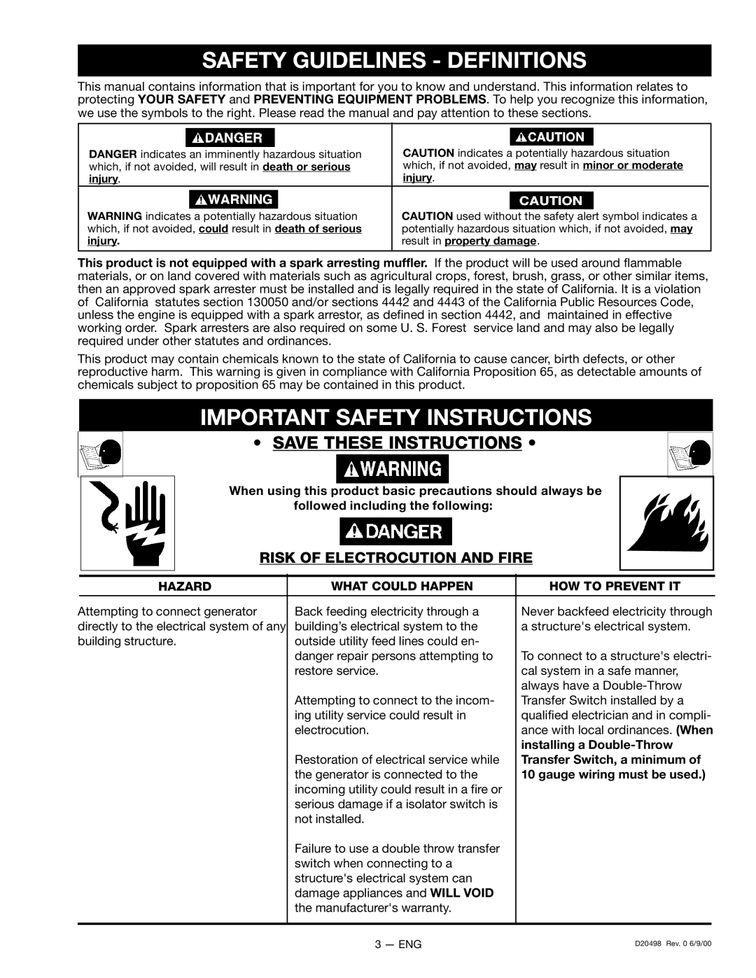 Porter-Cable 919.329150 Safety Guidelines Definitions, Important Safety Instructions, Risk of Electrocution and Fire 