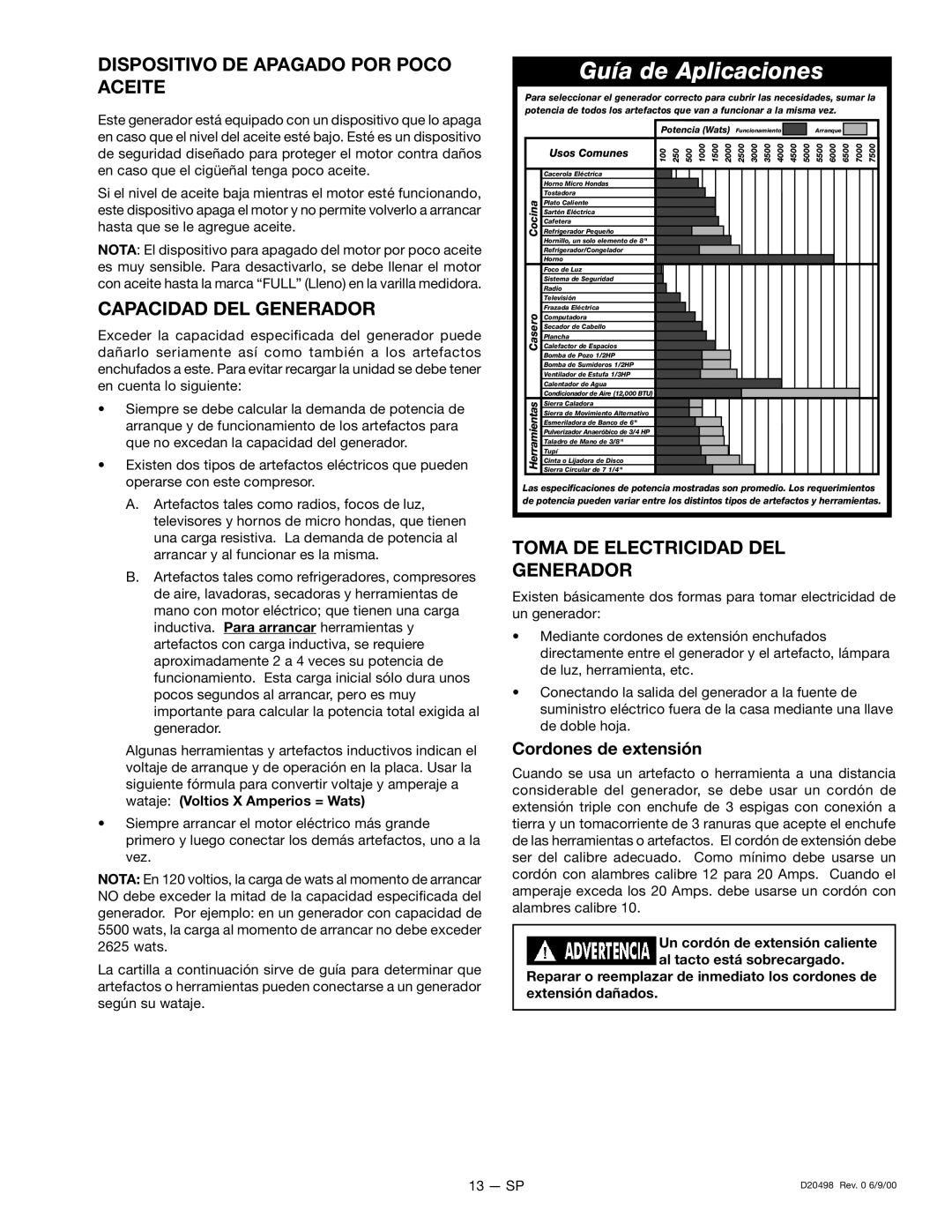 Porter-Cable 919.329150, D20498 Dispositivo DE Apagado POR Poco Aceite, Capacidad DEL Generador, Cordones de extensión 