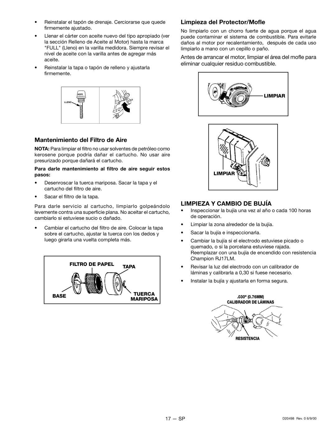 Porter-Cable 919.329150, D20498 Limpieza del Protector/Mofle, Mantenimiento del Filtro de Aire, Limpieza Y Cambio DE Bujía 