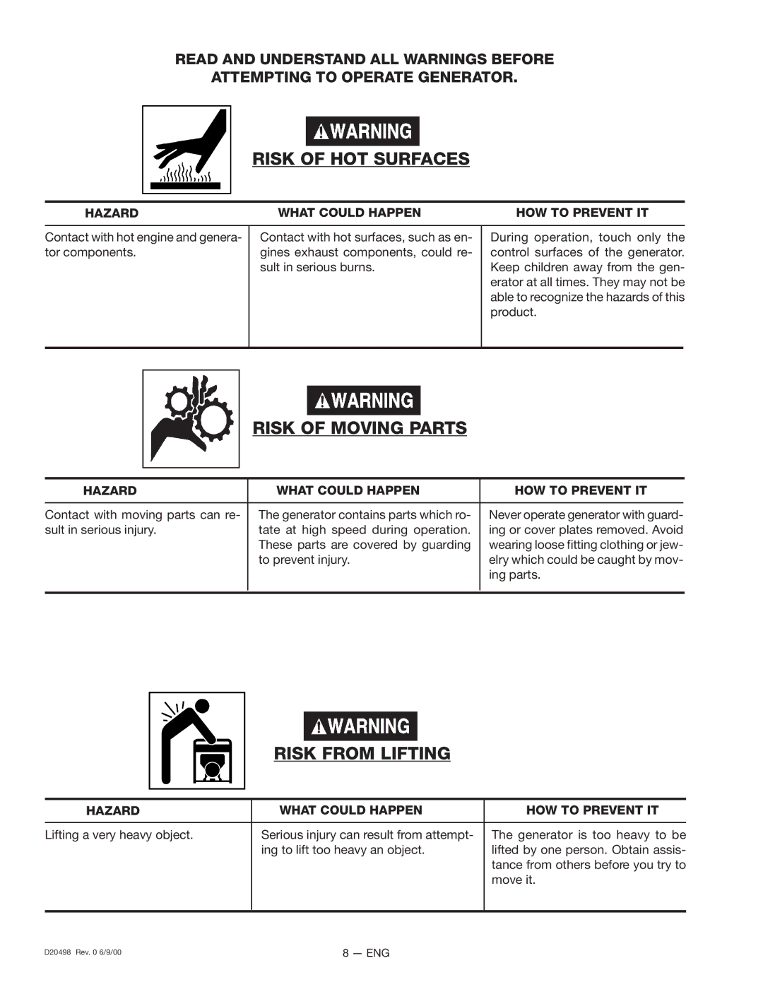 Porter-Cable D20498, 919.329150 owner manual Risk of HOT Surfaces 