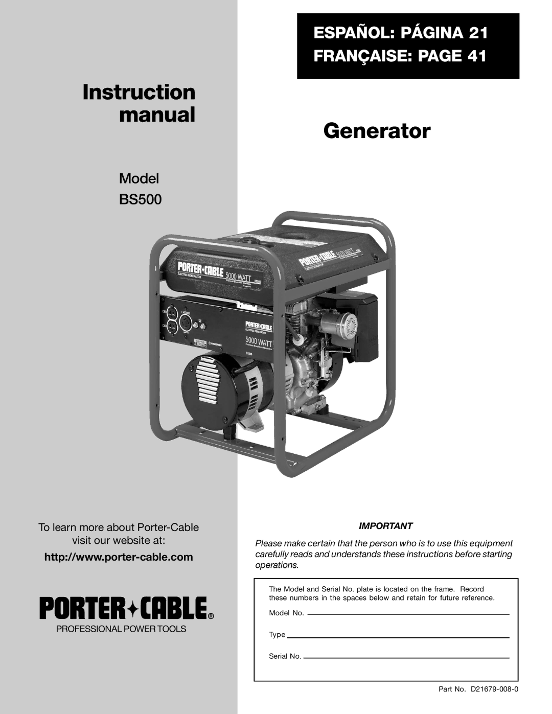 Porter-Cable D21679-008-0 instruction manual Instruction Manual Generator 