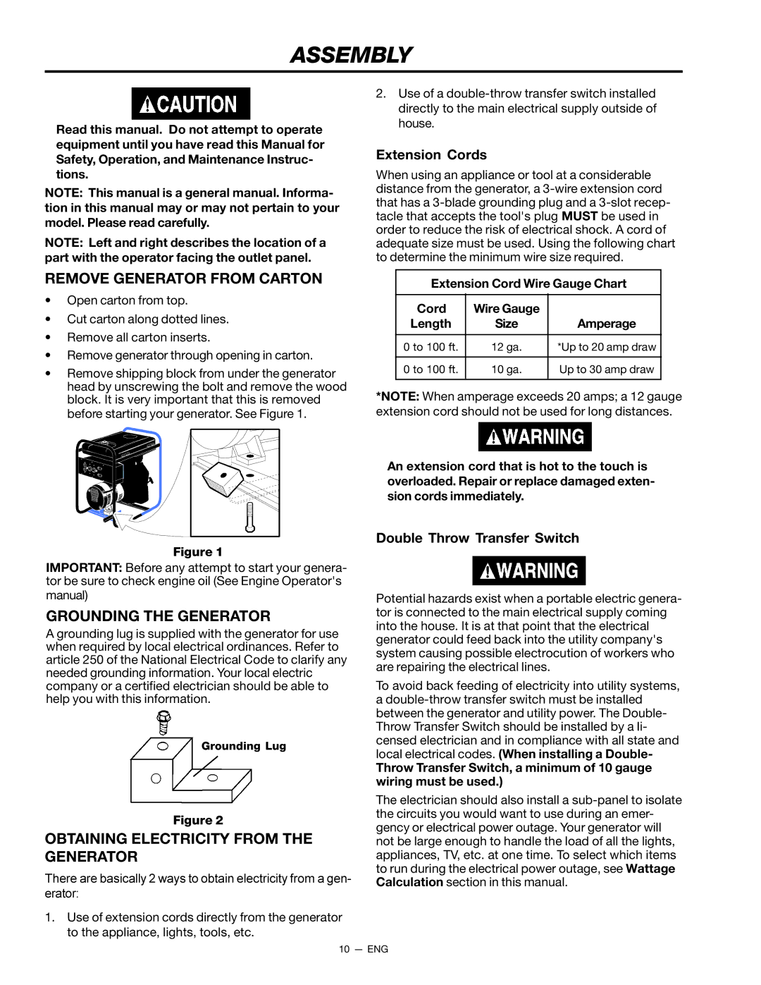 Porter-Cable D21679-008-0 instruction manual Assembly, Remove Generator from Carton, Grounding the Generator 