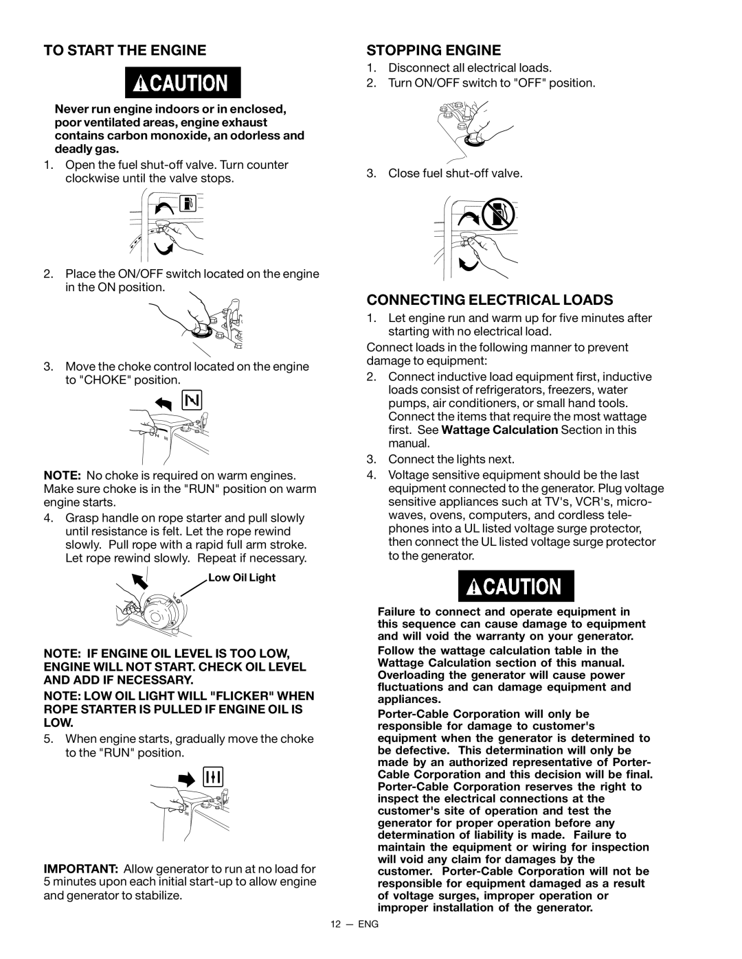 Porter-Cable D21679-008-0 instruction manual To Start the Engine, Stopping Engine, Connecting Electrical Loads 