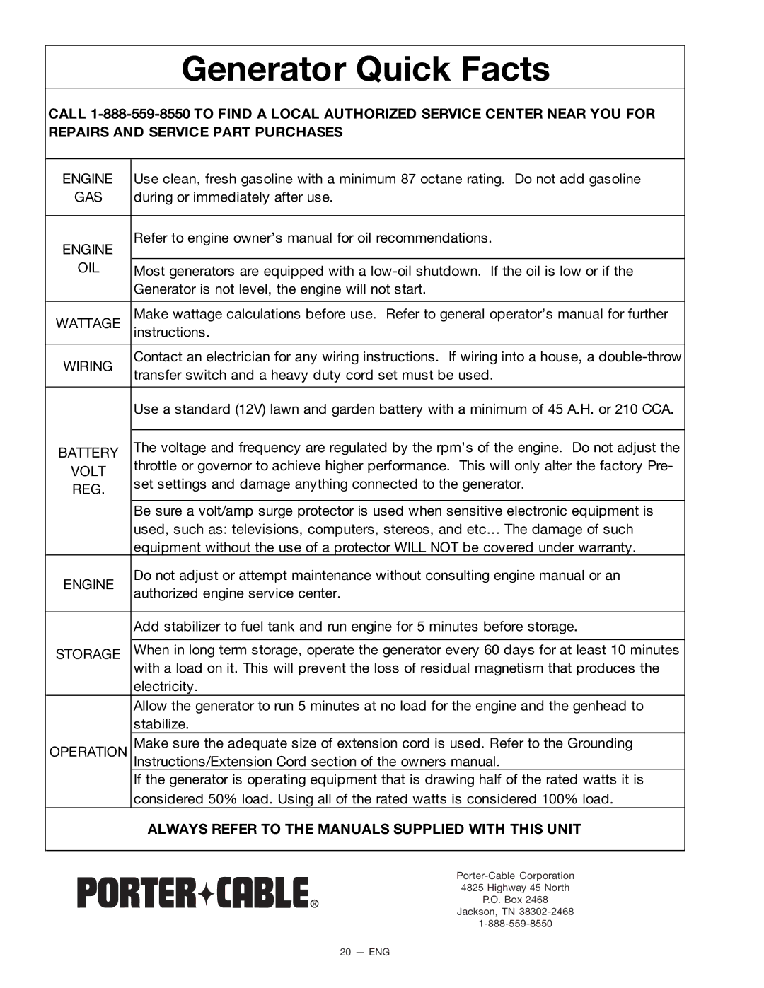 Porter-Cable D21679-008-0 instruction manual Generator Quick Facts 