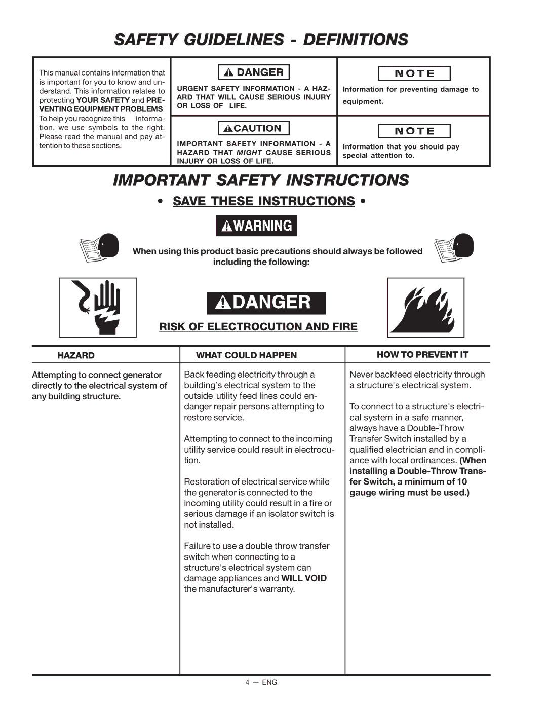 Porter-Cable D21679-008-0 Safety Guidelines Definitions, Important Safety Instructions, Risk of Electrocution and Fire 