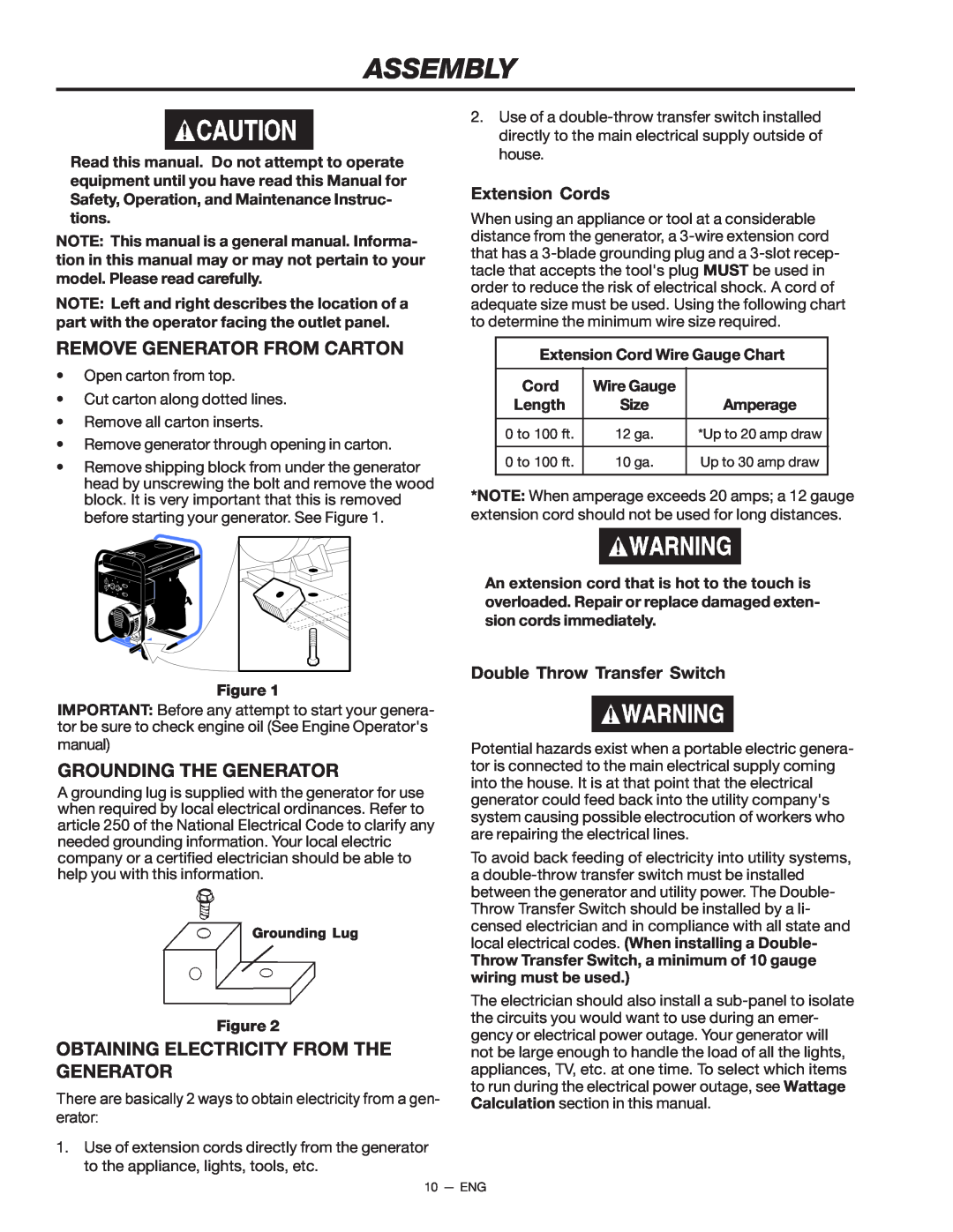 Porter-Cable D21679-008-0 instruction manual Assembly, Remove Generator From Carton, Grounding The Generator 