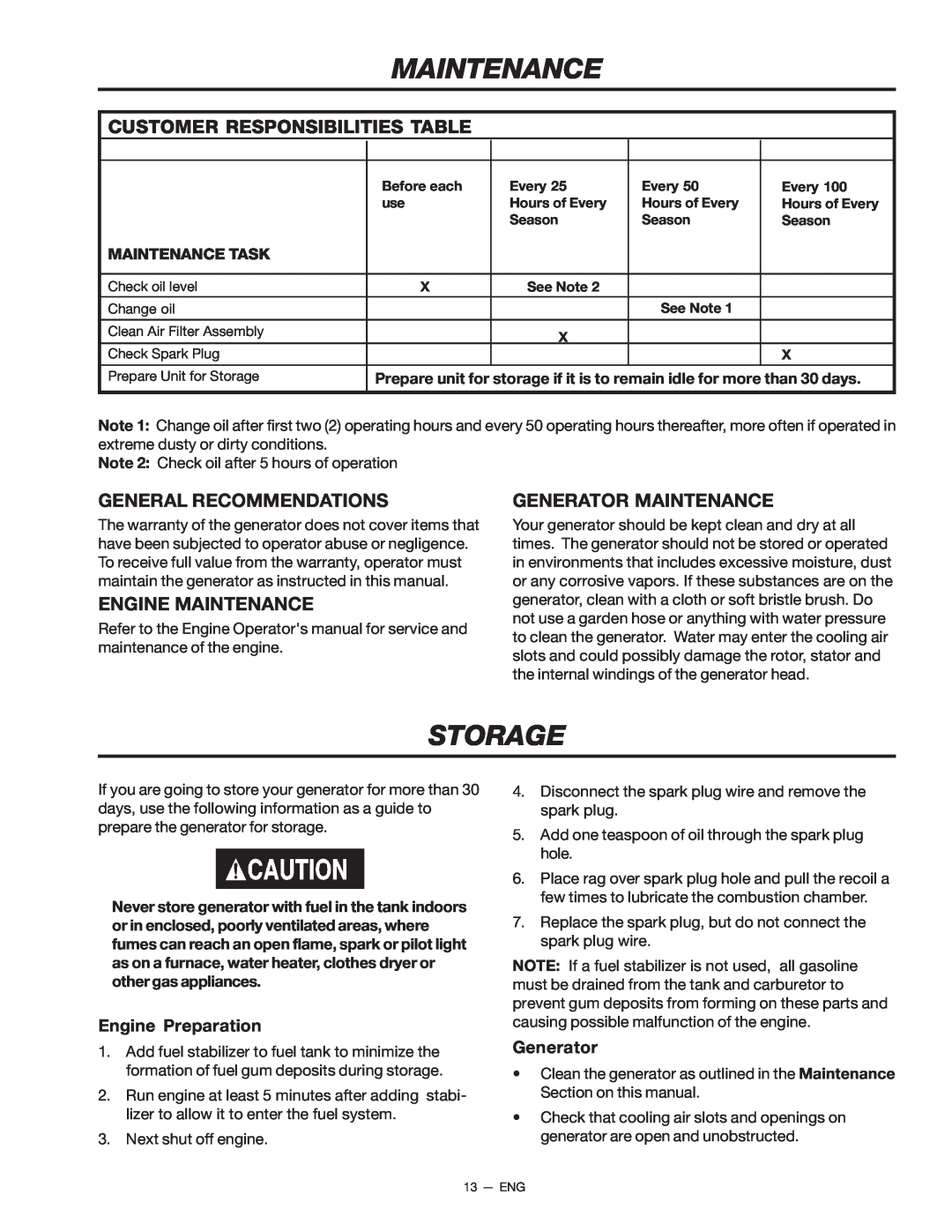 Porter-Cable D21679-008-0 instruction manual Maintenance, Storage, Customer Responsibilities Table, General Recommendations 