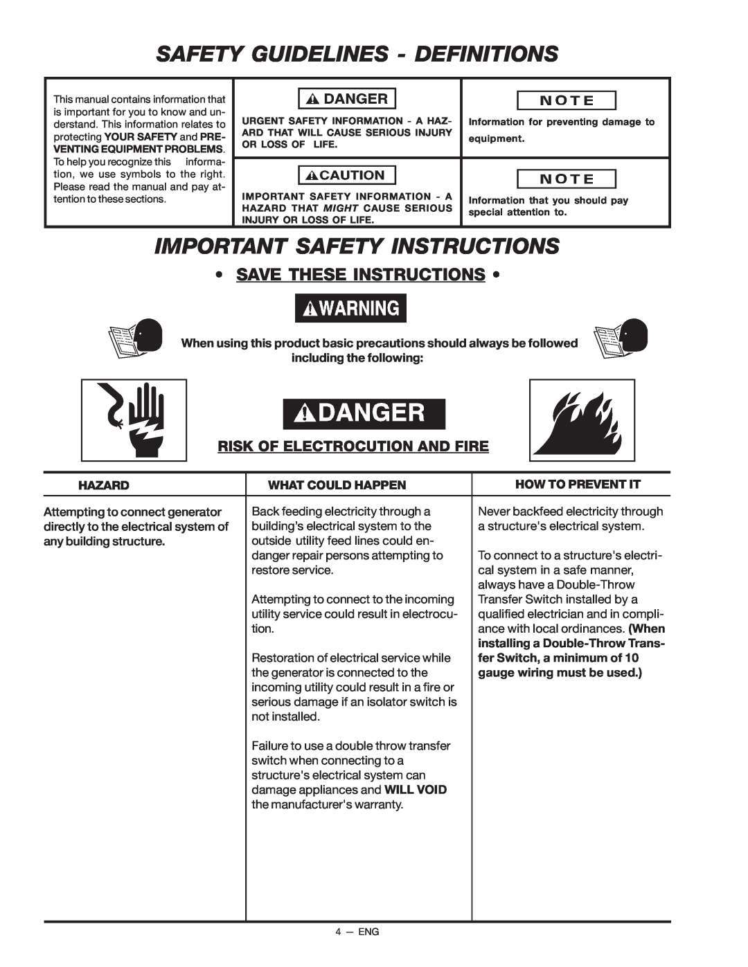 Porter-Cable D21679-008-0 Safety Guidelines - Definitions, Important Safety Instructions, Save These Instructions 