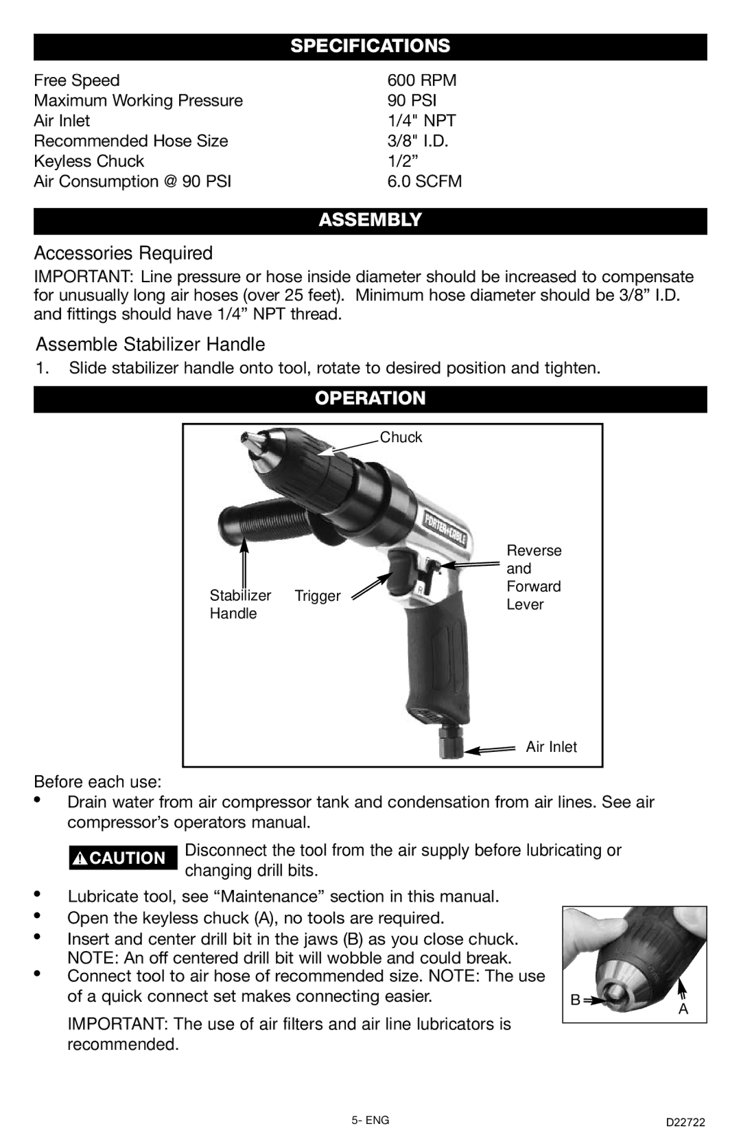 Porter-Cable PTD501, D22722-028-3 Specifications, Assembly, Accessories Required, Assemble Stabilizer Handle, Operation 