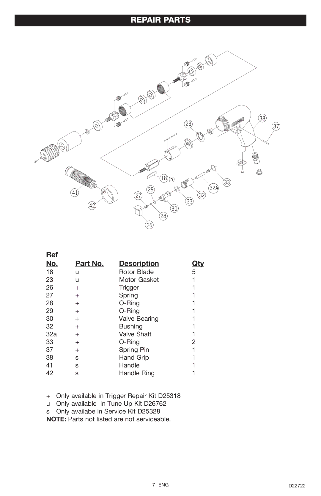 Porter-Cable PTD501, D22722-028-3 instruction manual Repair Parts, Description Qty 