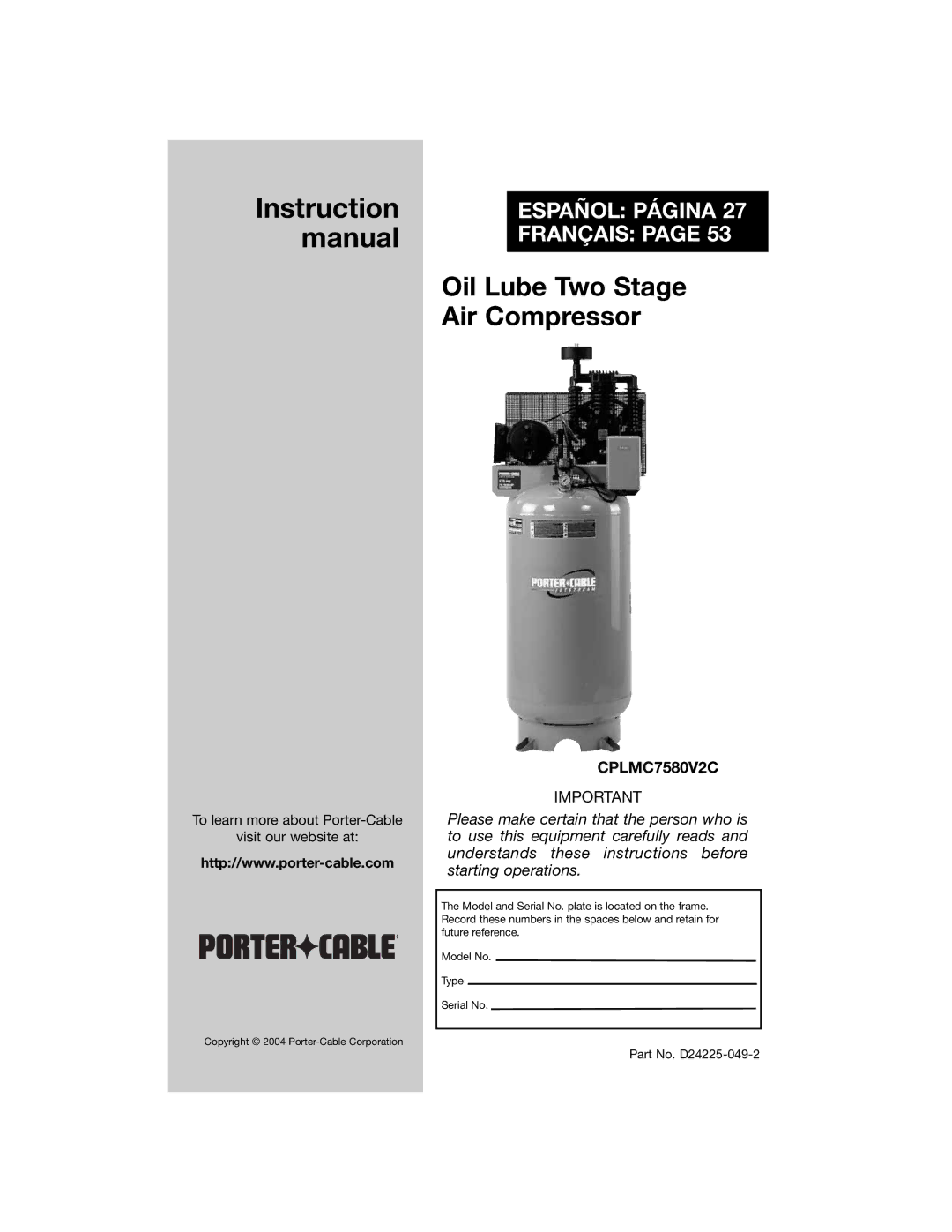 Porter-Cable D24225-049-2 instruction manual Instruction 