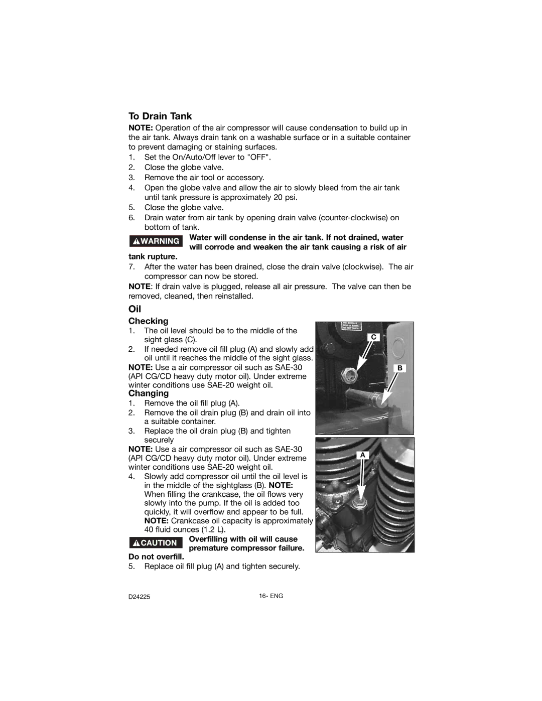 Porter-Cable D24225-049-2 instruction manual To Drain Tank, Oil, Checking, Changing 
