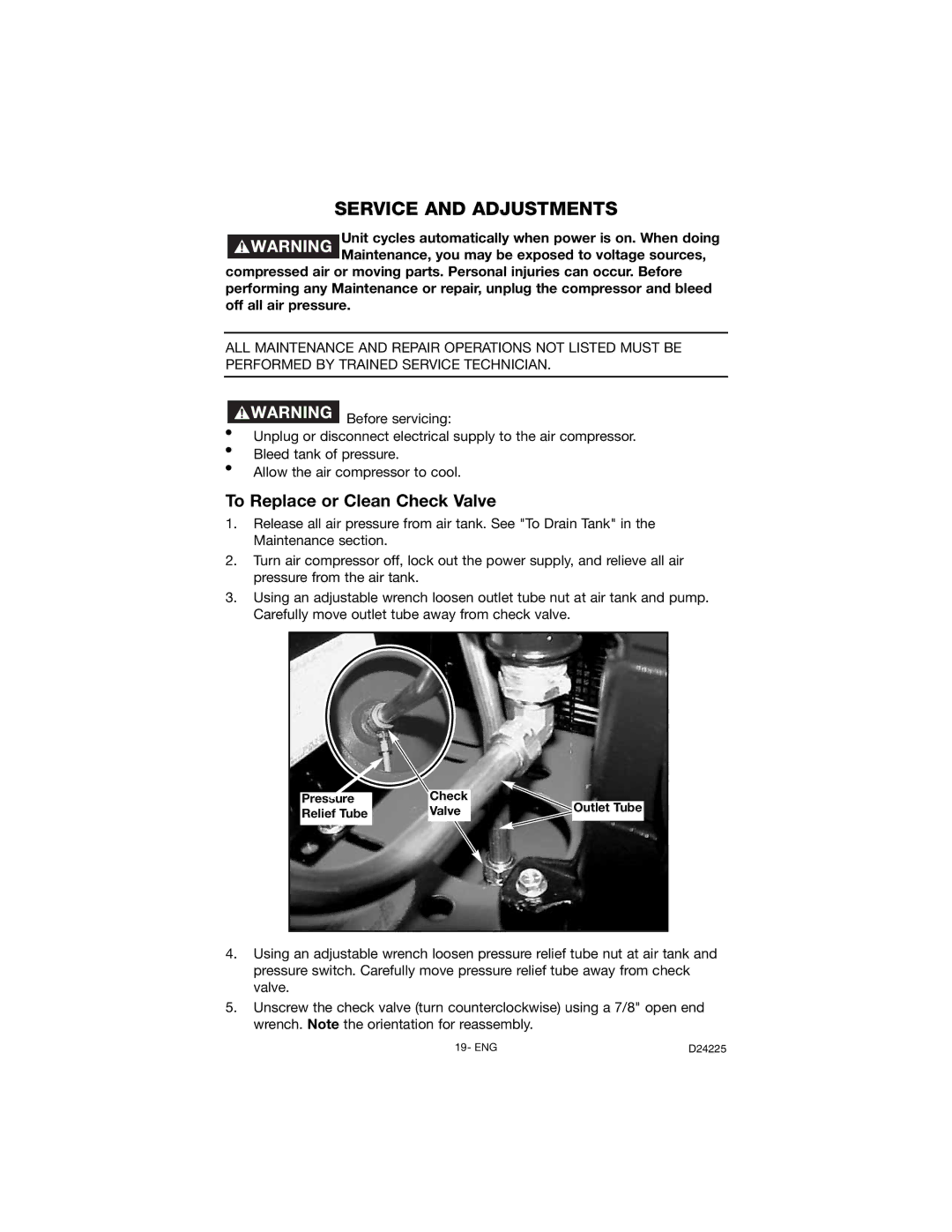 Porter-Cable D24225-049-2 Service and Adjustments, To Replace or Clean Check Valve, Pressure Check, Relief Tube Valve 