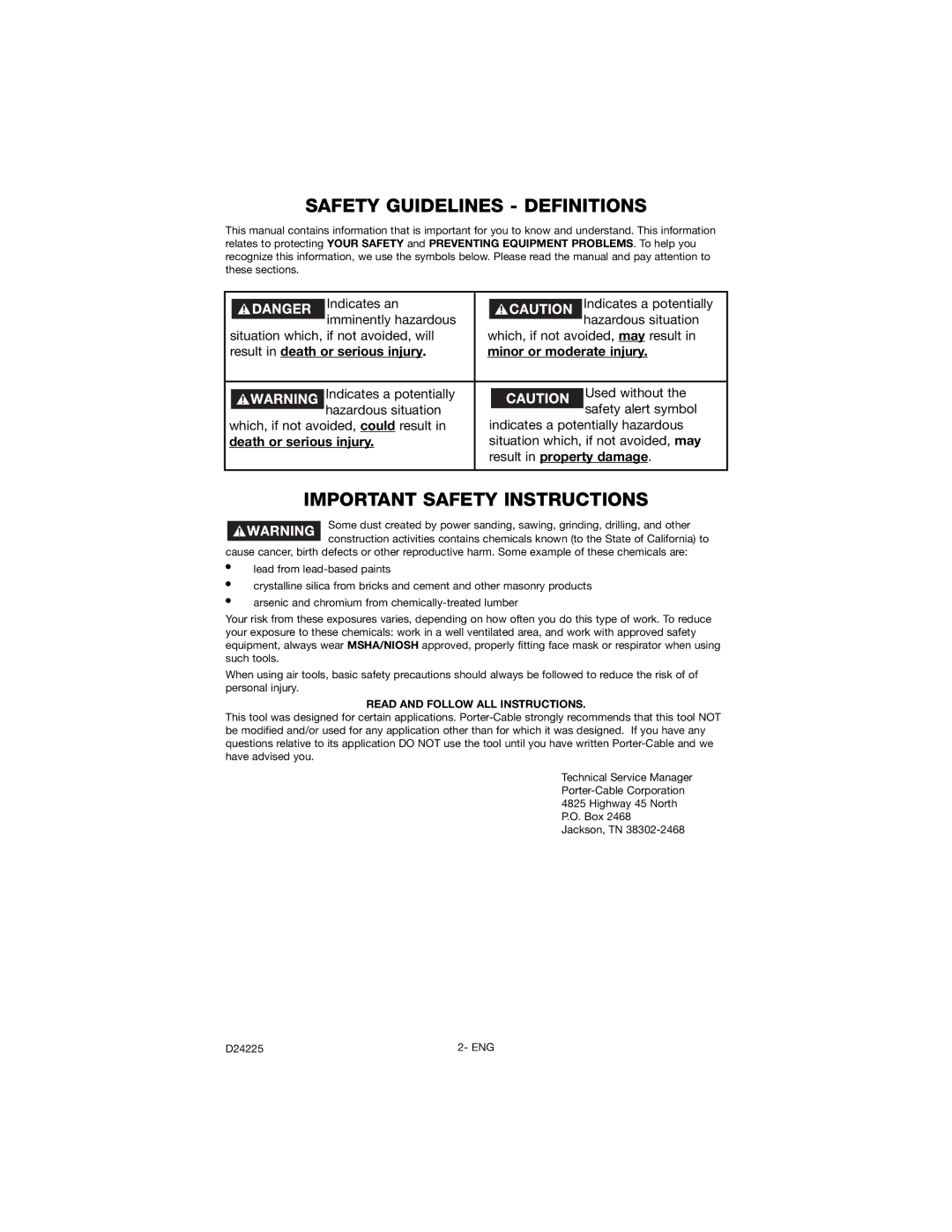 Porter-Cable D24225-049-2 Safety Guidelines Definitions, Important Safety Instructions, Death or serious injury 