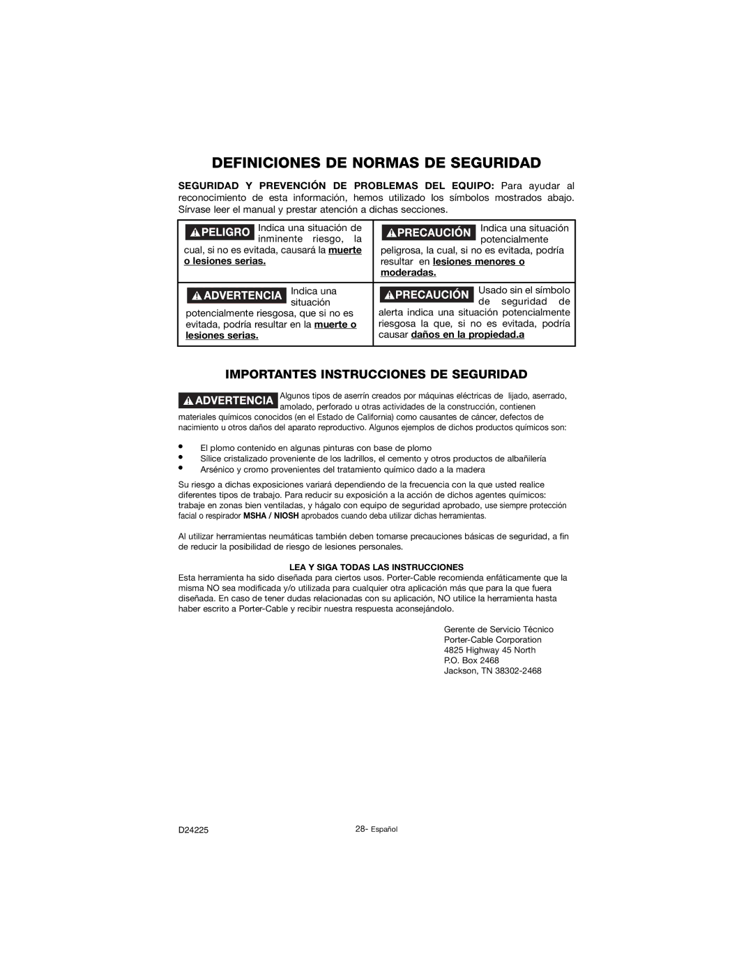 Porter-Cable D24225-049-2 Definiciones DE Normas DE Seguridad, Resultar en lesiones menores o, Moderadas, Lesiones serias 