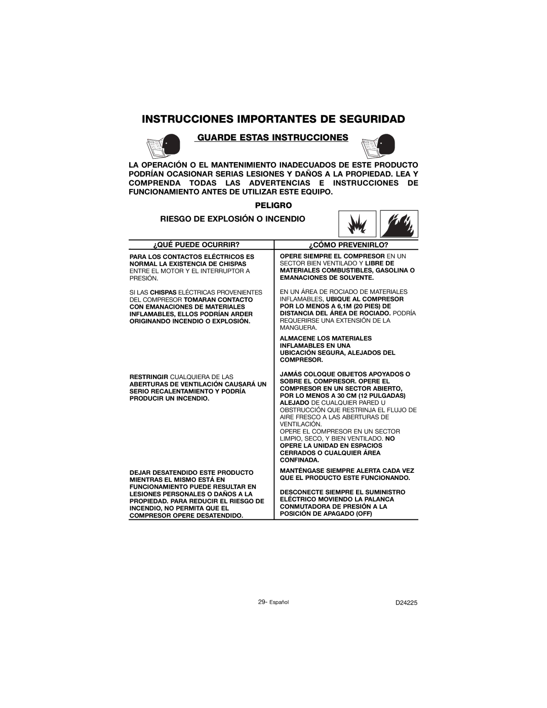 Porter-Cable D24225-049-2 instruction manual Instrucciones Importantes DE Seguridad, Peligro Riesgo DE Explosión O Incendio 