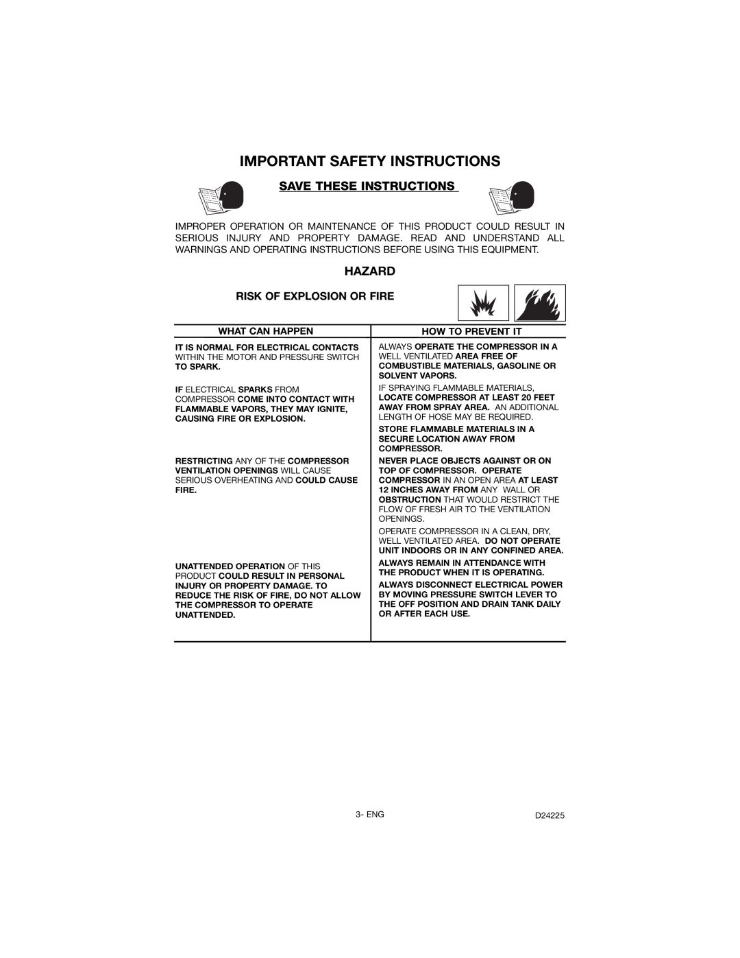 Porter-Cable D24225-049-2 instruction manual Hazard, Risk of Explosion or Fire 