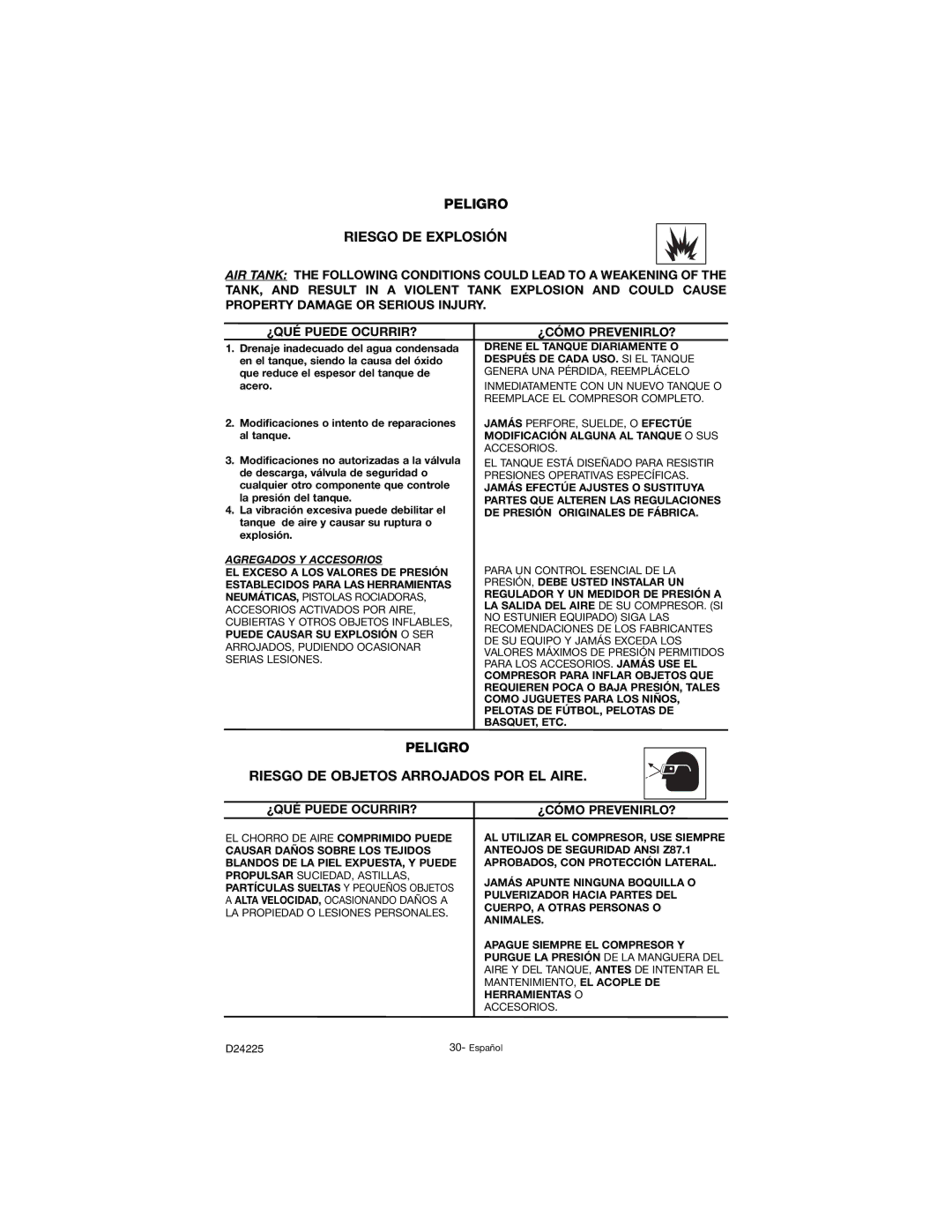 Porter-Cable D24225-049-2 instruction manual Peligro Riesgo DE Explosión, Peligro Riesgo DE Objetos Arrojados POR EL Aire 