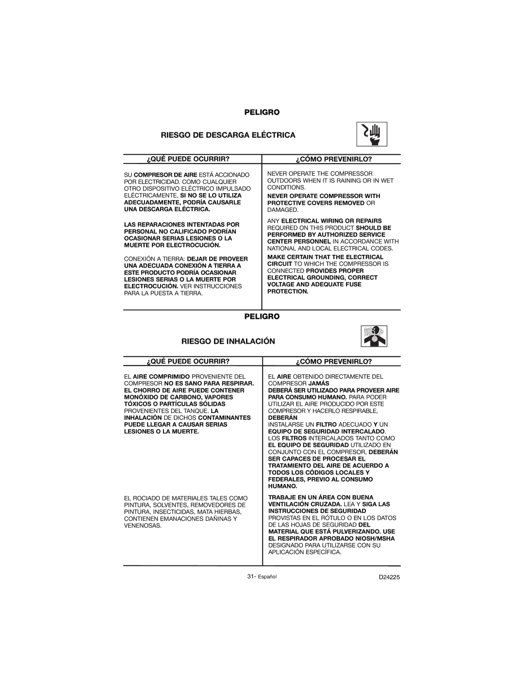 Porter-Cable D24225-049-2 instruction manual Peligro Riesgo DE Descarga Eléctrica, Peligro Riesgo DE Inhalación 