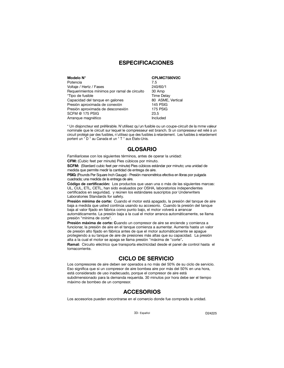 Porter-Cable D24225-049-2 instruction manual Especificaciones, Glosario, Ciclo DE Servicio, Accesorios, Modelo N 