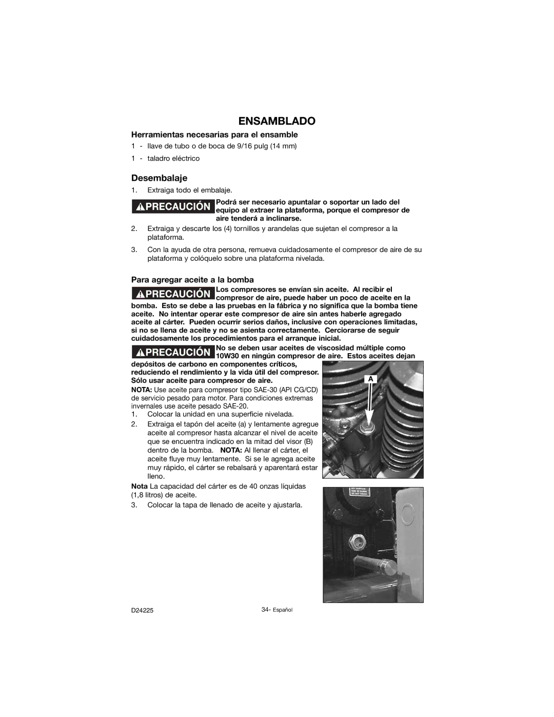 Porter-Cable D24225-049-2 instruction manual Ensamblado, Desembalaje, Herramientas necesarias para el ensamble 