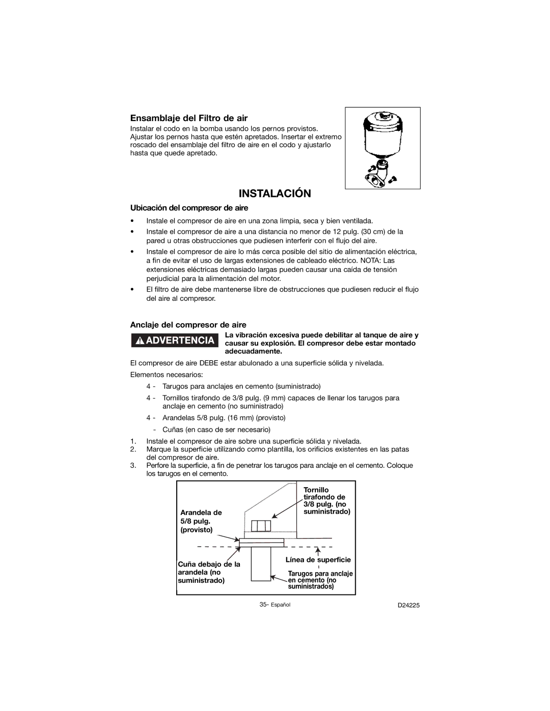 Porter-Cable D24225-049-2 instruction manual Instalación, Ensamblaje del Filtro de air, Ubicación del compresor de aire 