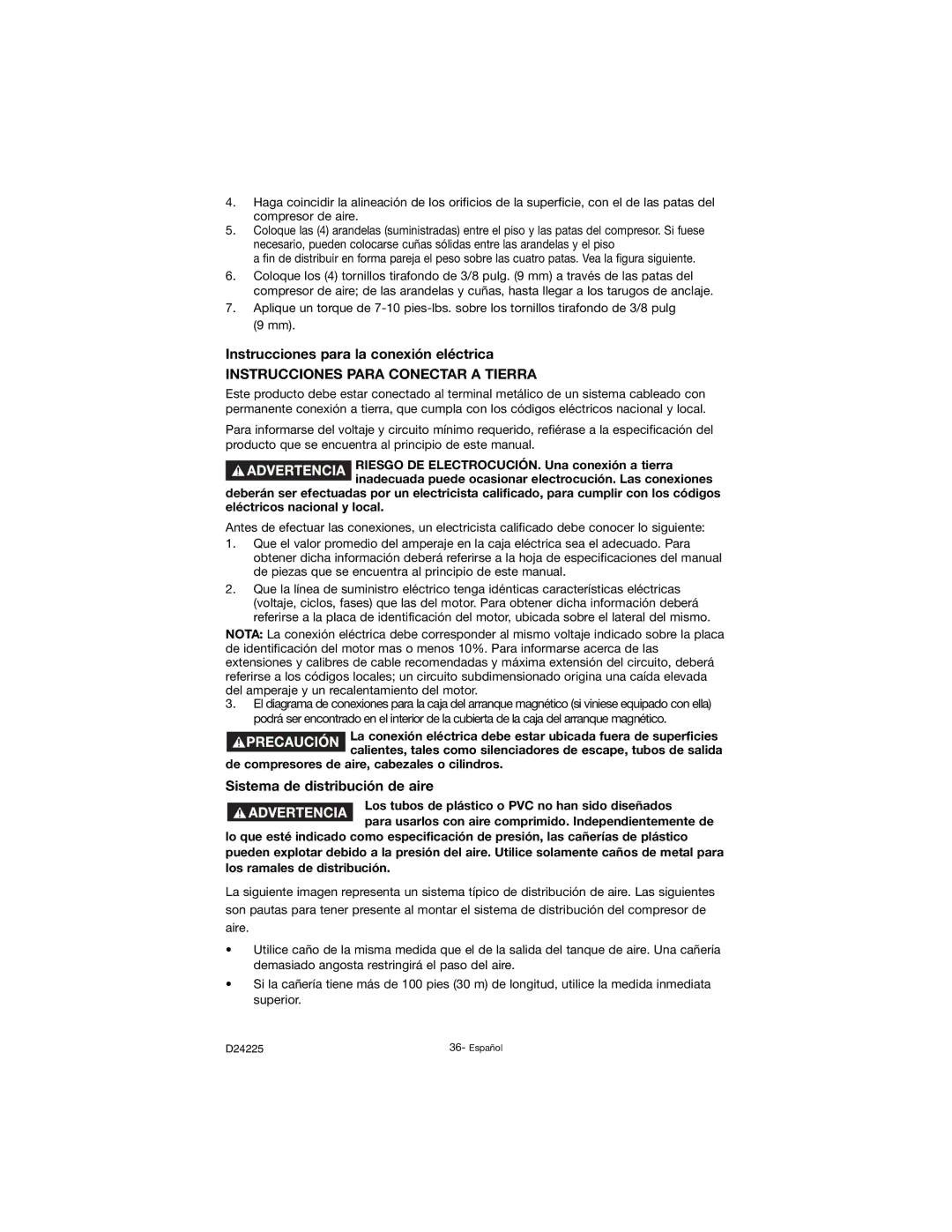 Porter-Cable D24225-049-2 instruction manual Instrucciones para la conexión eléctrica, Instrucciones Para Conectar a Tierra 