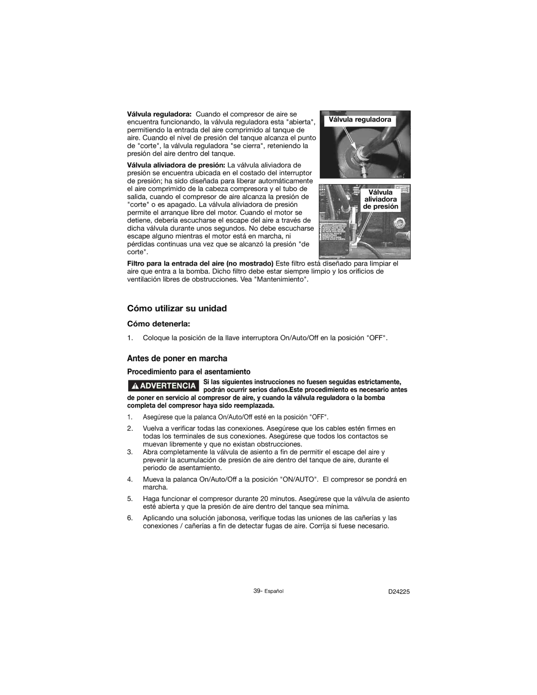 Porter-Cable D24225-049-2 instruction manual Cómo utilizar su unidad, Antes de poner en marcha, Cómo detenerla 