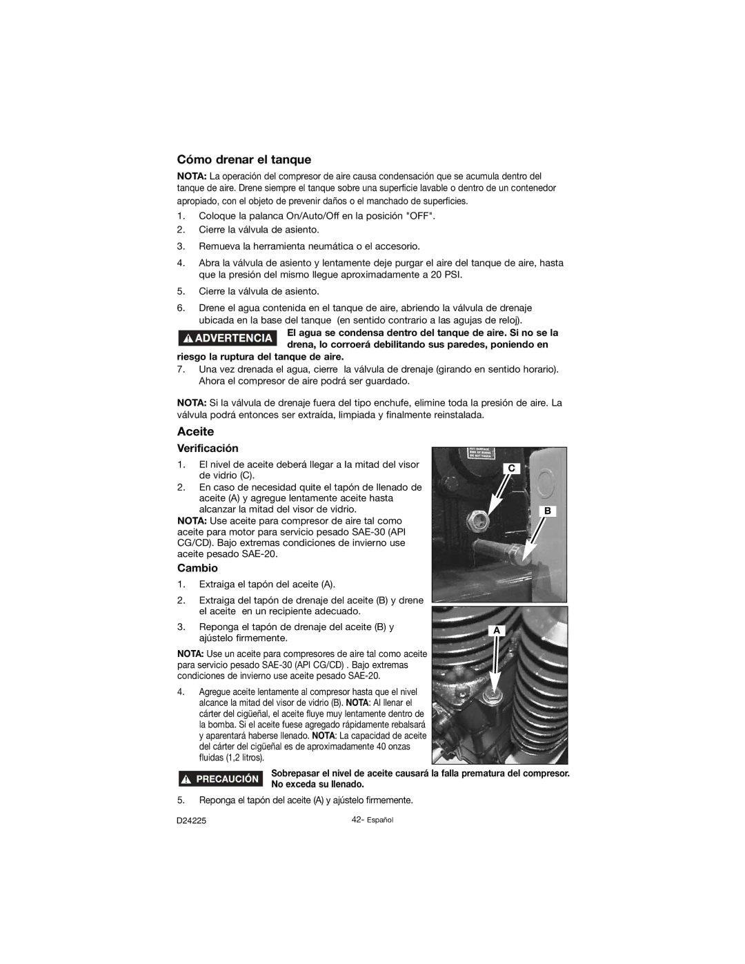 Porter-Cable D24225-049-2 Cómo drenar el tanque, Aceite, Verificación, Cambio, Riesgo la ruptura del tanque de aire 