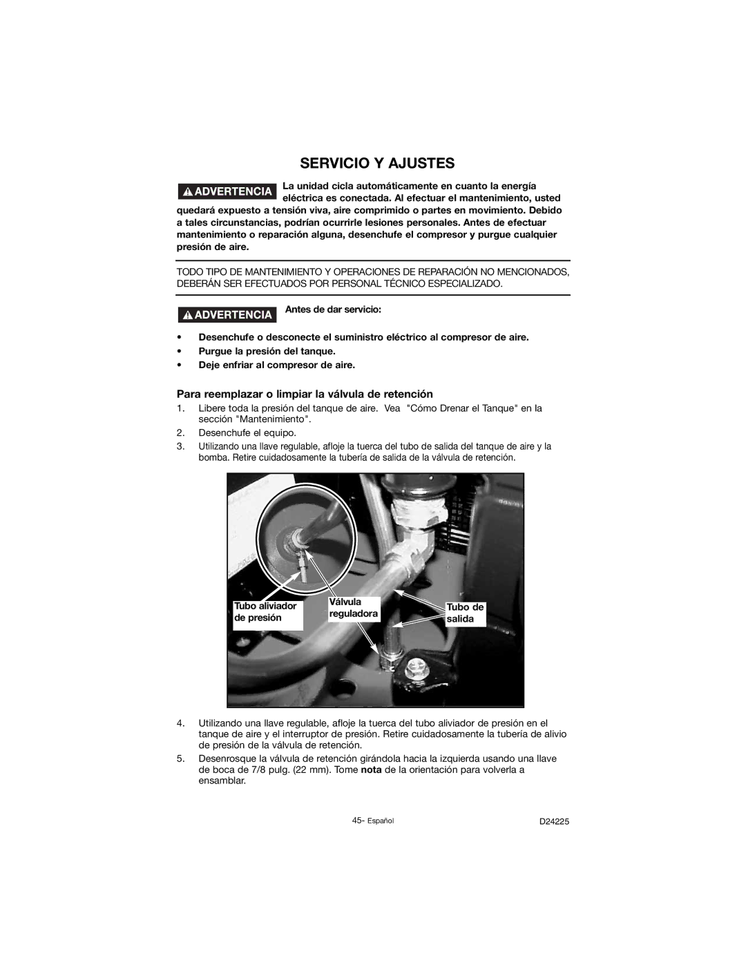 Porter-Cable D24225-049-2 Servicio Y Ajustes, Para reemplazar o limpiar la válvula de retención, Tubo aliviador Válvula 