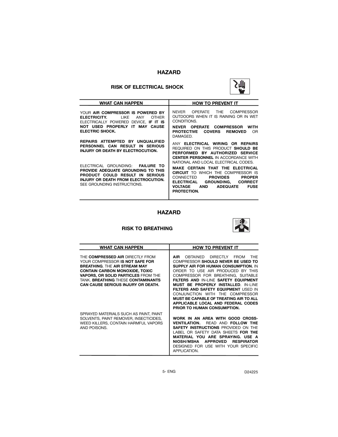 Porter-Cable D24225-049-2 instruction manual Risk of Electrical Shock, Risk to Breathing 