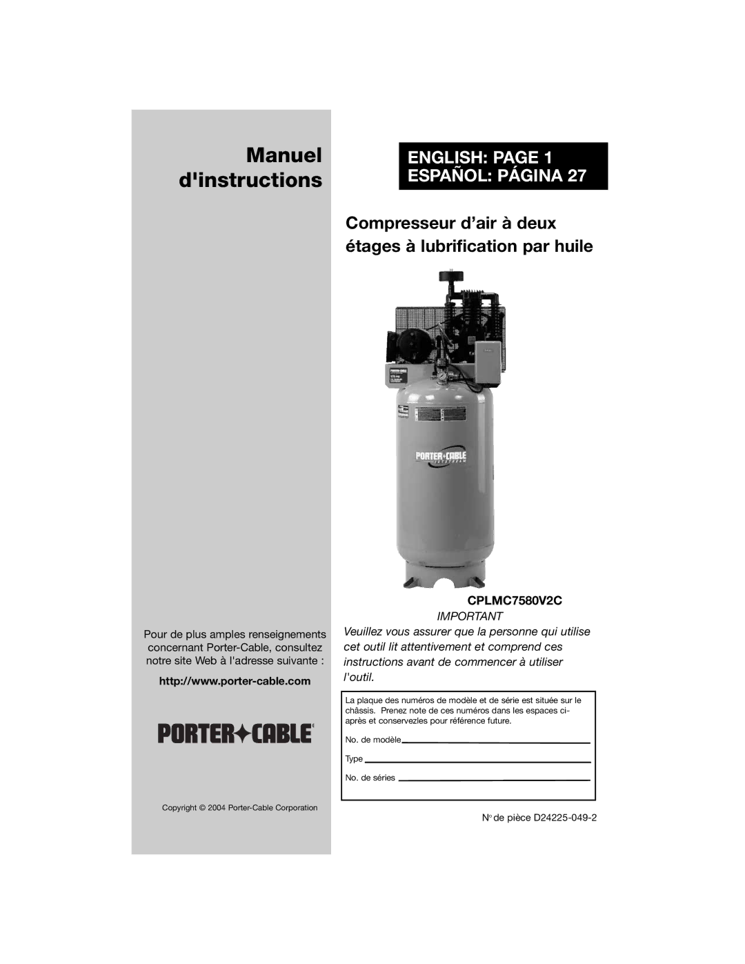 Porter-Cable D24225-049-2 instruction manual Manuel dinstructions 