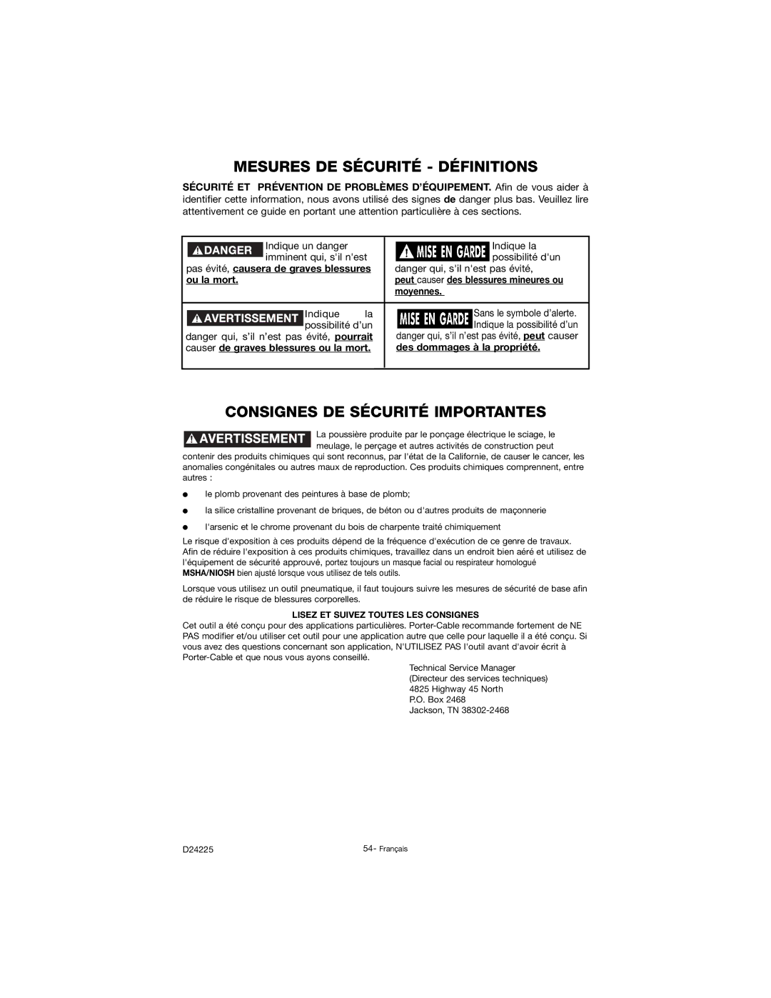 Porter-Cable D24225-049-2 Mesures DE Sécurité Définitions, Consignes DE Sécurité Importantes, Ou la mort, Moyennes 