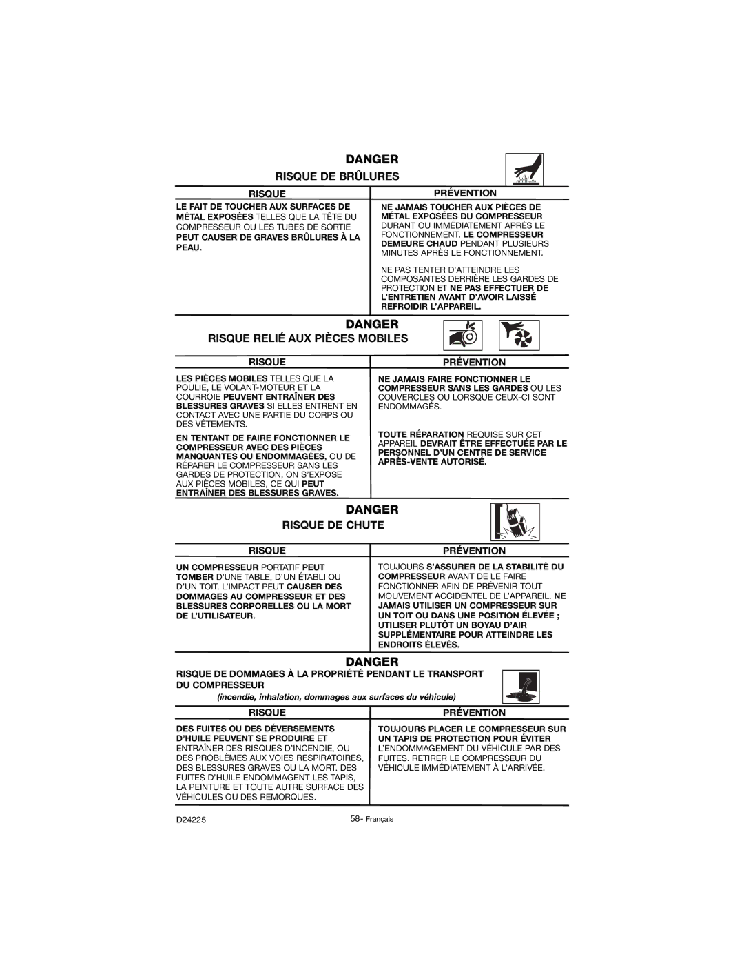 Porter-Cable D24225-049-2 instruction manual Risque DE Brûlures, Risque Relié AUX Pièces Mobiles, Risque DE Chute 