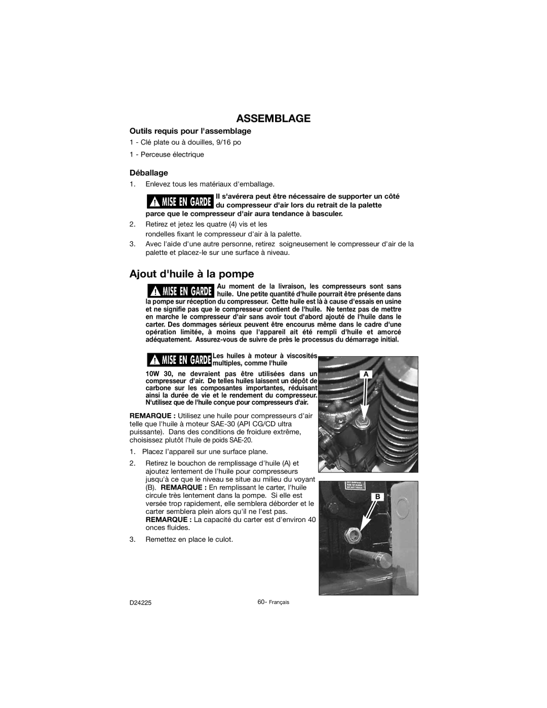 Porter-Cable D24225-049-2 instruction manual Assemblage, Outils requis pour lassemblage, Déballage 