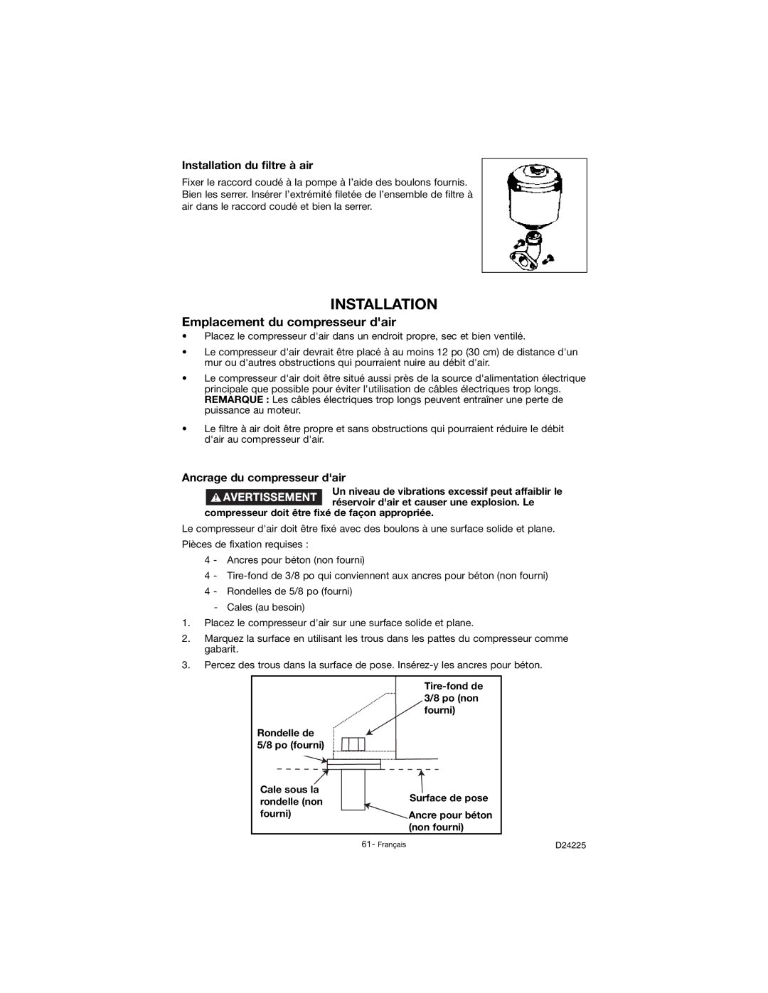 Porter-Cable D24225-049-2 Emplacement du compresseur dair, Installation du filtre à air, Ancrage du compresseur dair 