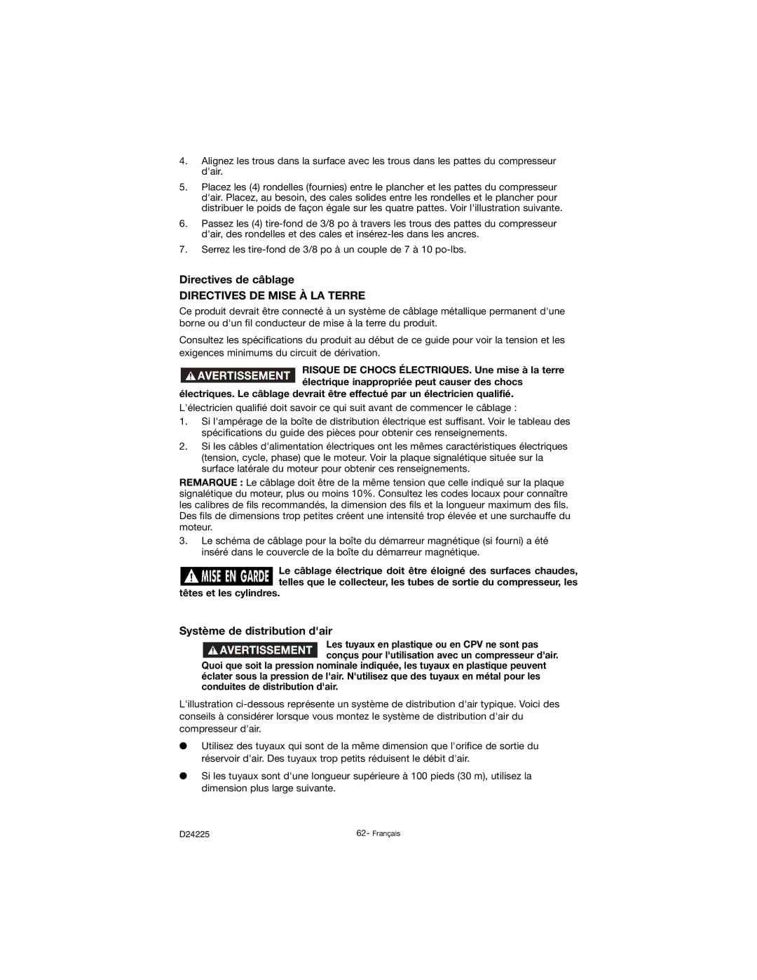 Porter-Cable D24225-049-2 Directives de câblage, Directives DE Mise À LA Terre, Système de distribution dair 