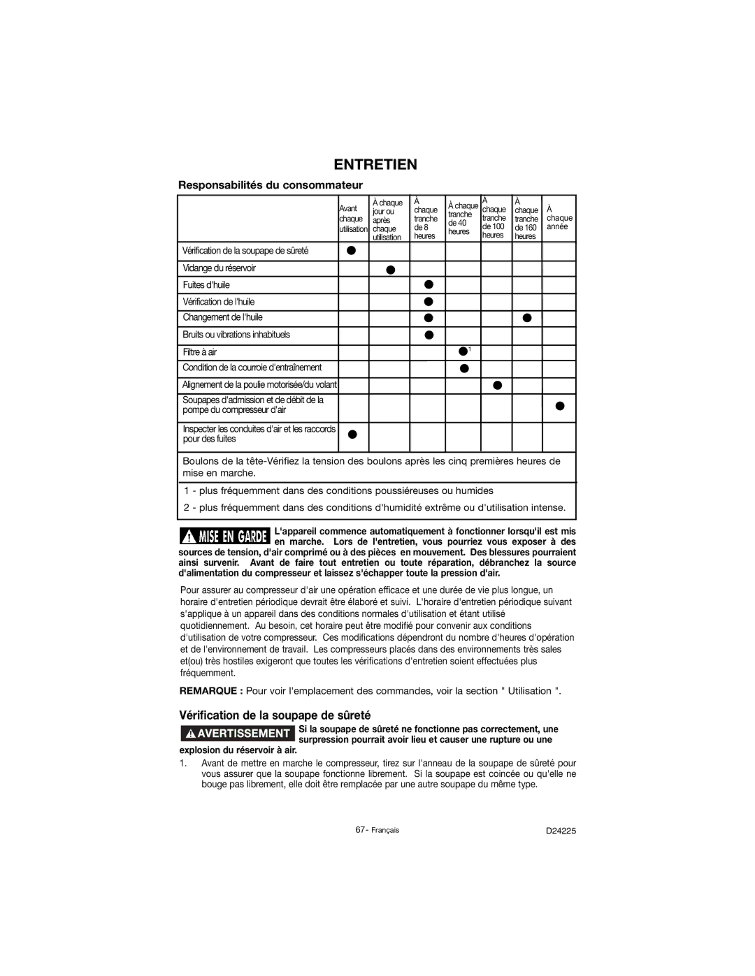 Porter-Cable D24225-049-2 Entretien, Vérification de la soupape de sûreté, Responsabilités du consommateur 