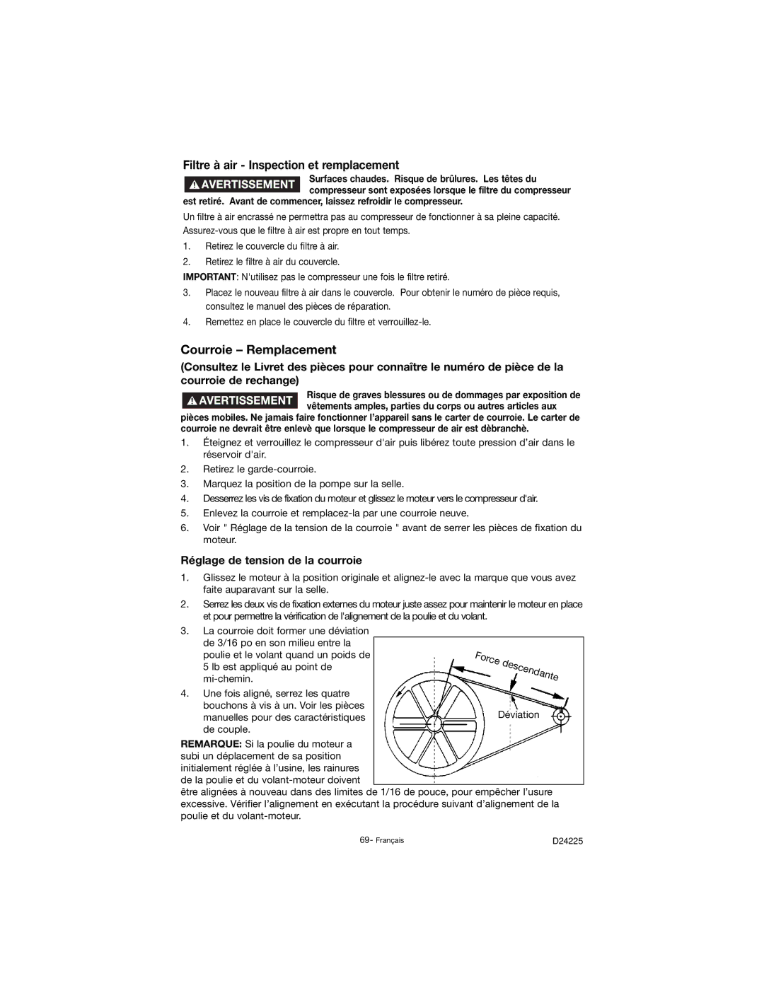 Porter-Cable D24225-049-2 instruction manual Filtre à air Inspection et remplacement, Courroie Remplacement 