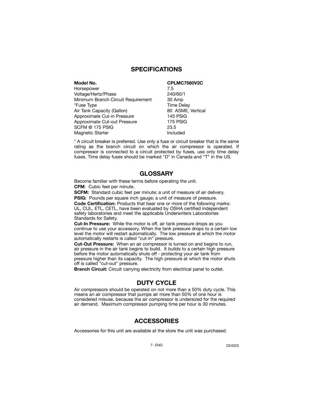 Porter-Cable D24225-049-2 instruction manual Specifications, Glossary, Duty Cycle, Accessories, CPLMC7580V2C 