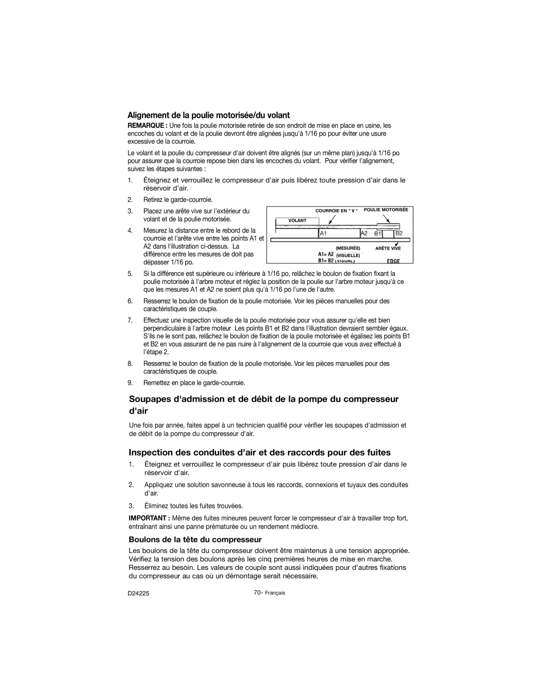 Porter-Cable D24225-049-2 instruction manual Alignement de la poulie motorisée/du volant, Boulons de la tête du compresseur 